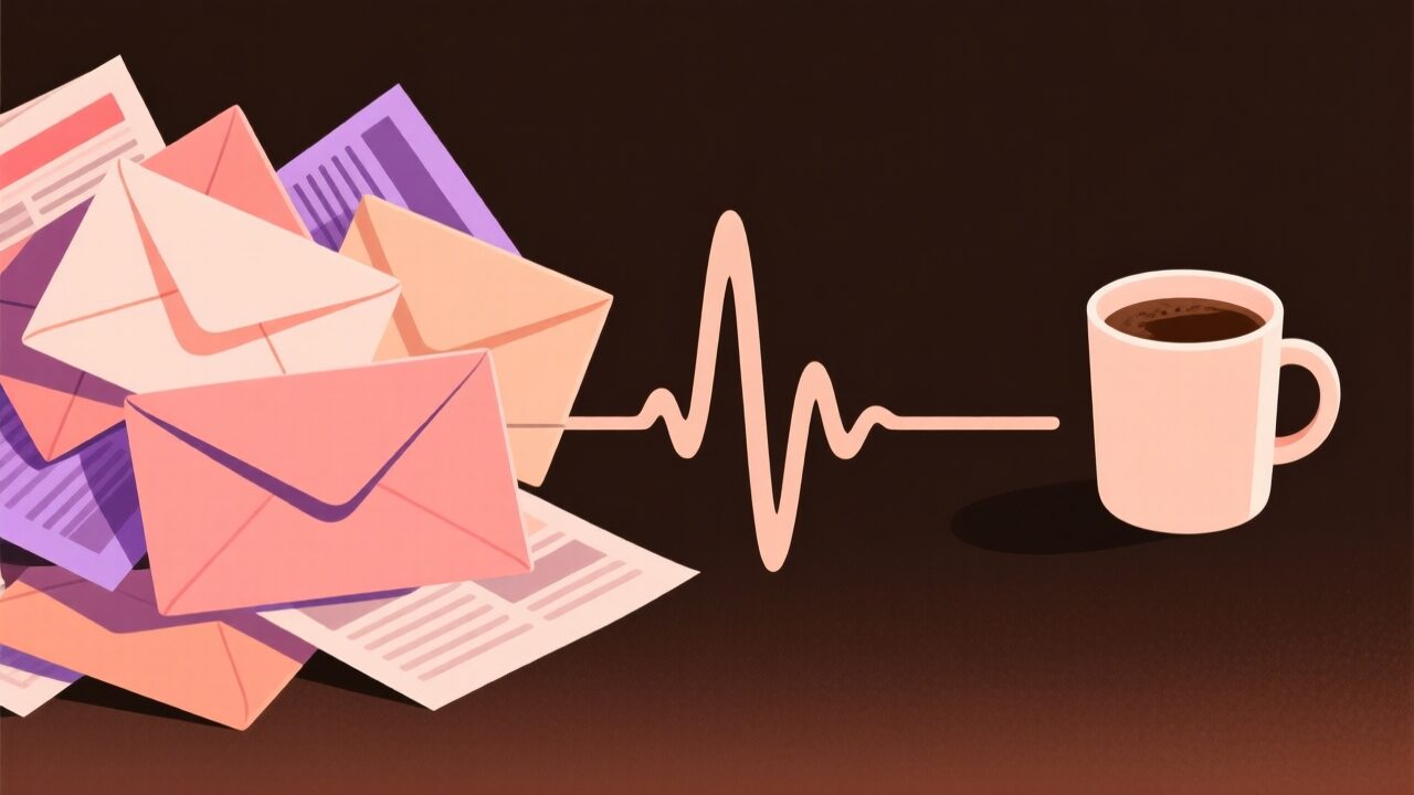 A pile of envelopes and newsletters that becomes a single sound wave ending at a cup of coffee